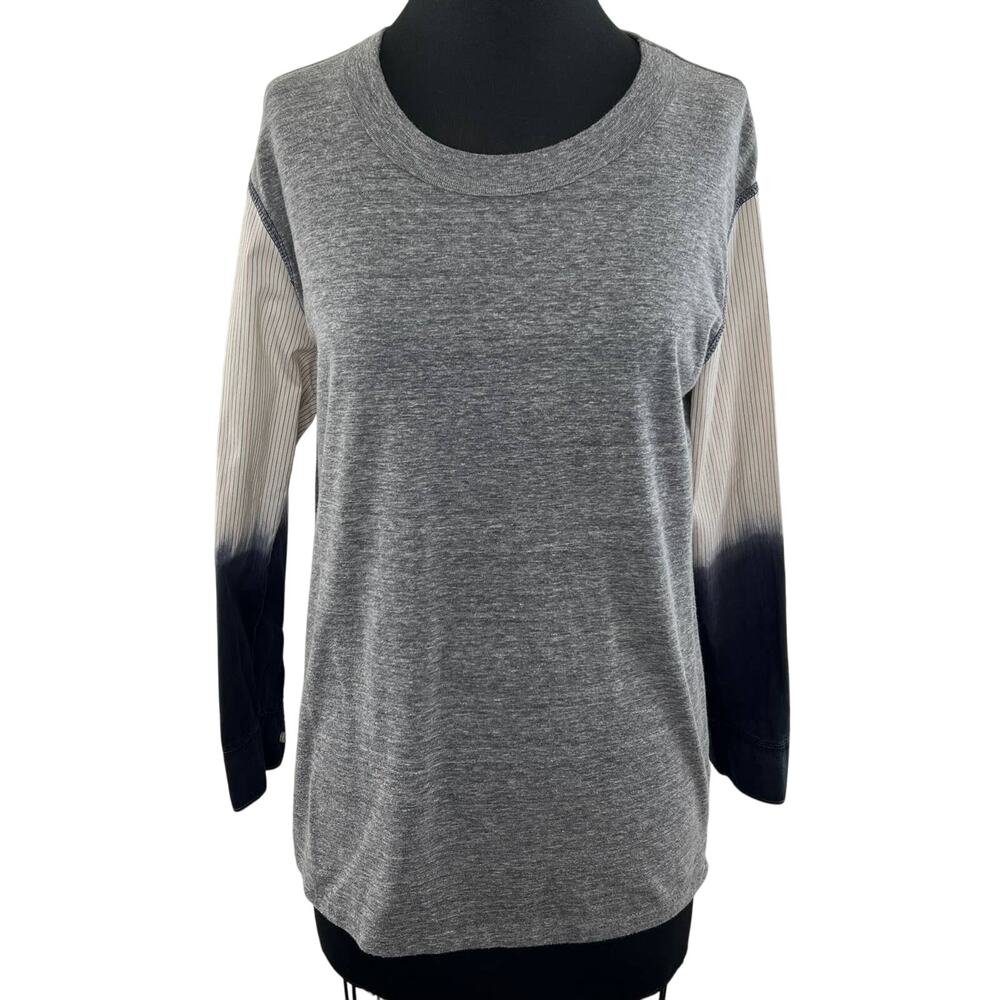 NSF Gray Pullover Ombre Striped 3/4 Sleeve Scoop Neck Top Tee Distressed Small S